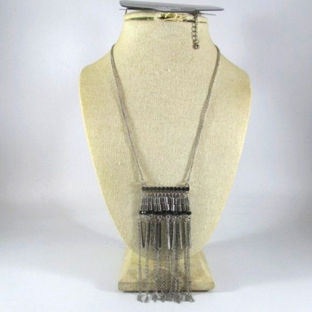 NWT Long Black Rhinestone Silver Fringe Long Necklace